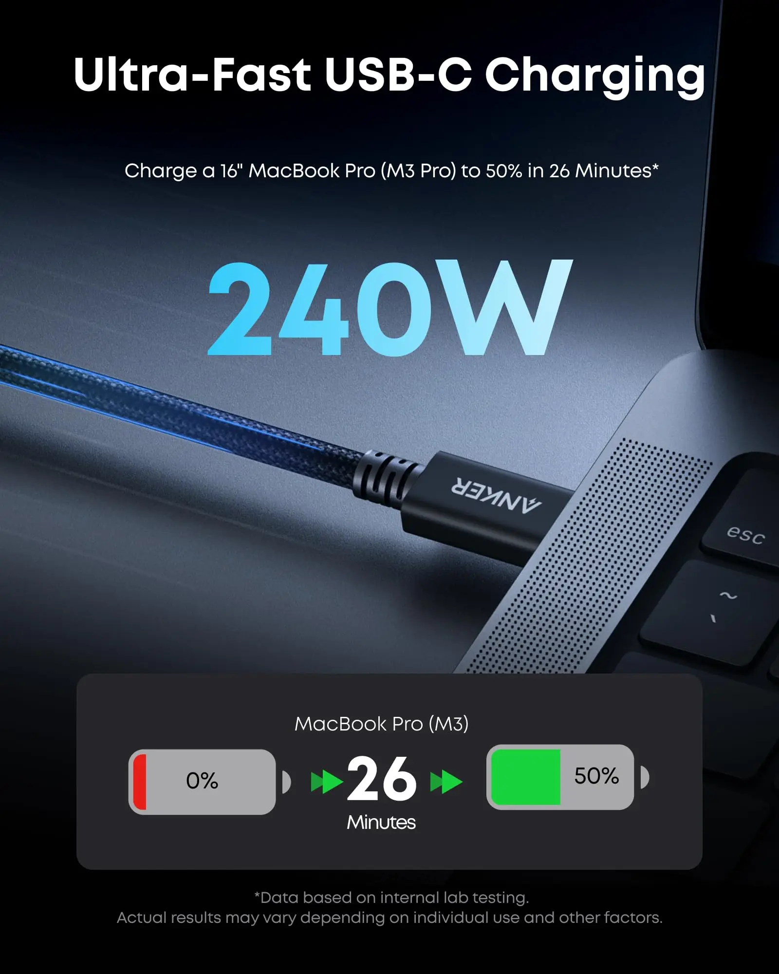 كابل Anker Prime Thunderbolt 5، كابل USB C إلى USB C 3.3 قدم، شحن 240 وات، نقل البيانات بسرعة 80 جيجابت في الثانية، عرض النطاق الترددي يصل إلى 120 جيجابت في الثانية، 8 كيلو