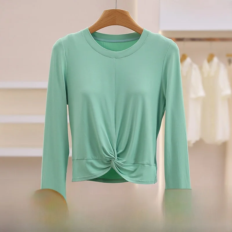 Women's Slim Fit Long Sleeve T-Shirt Twist Knot Design Pure Color Versatile Layering Top Casual Style Autumn Fashion