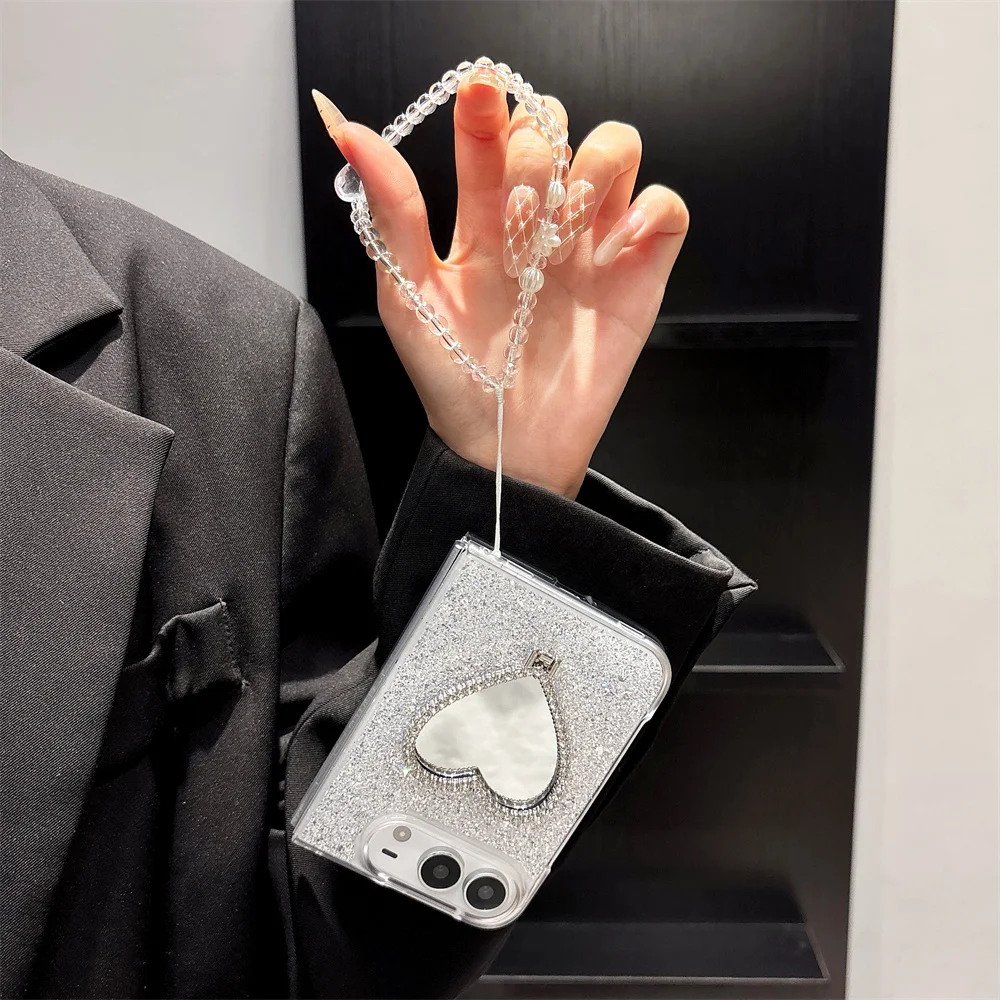 Korean Ins Transparent Glue love mirror stand Phone Case For iPhone Duo Cover Cute Cases Shockproof Protective with Chain