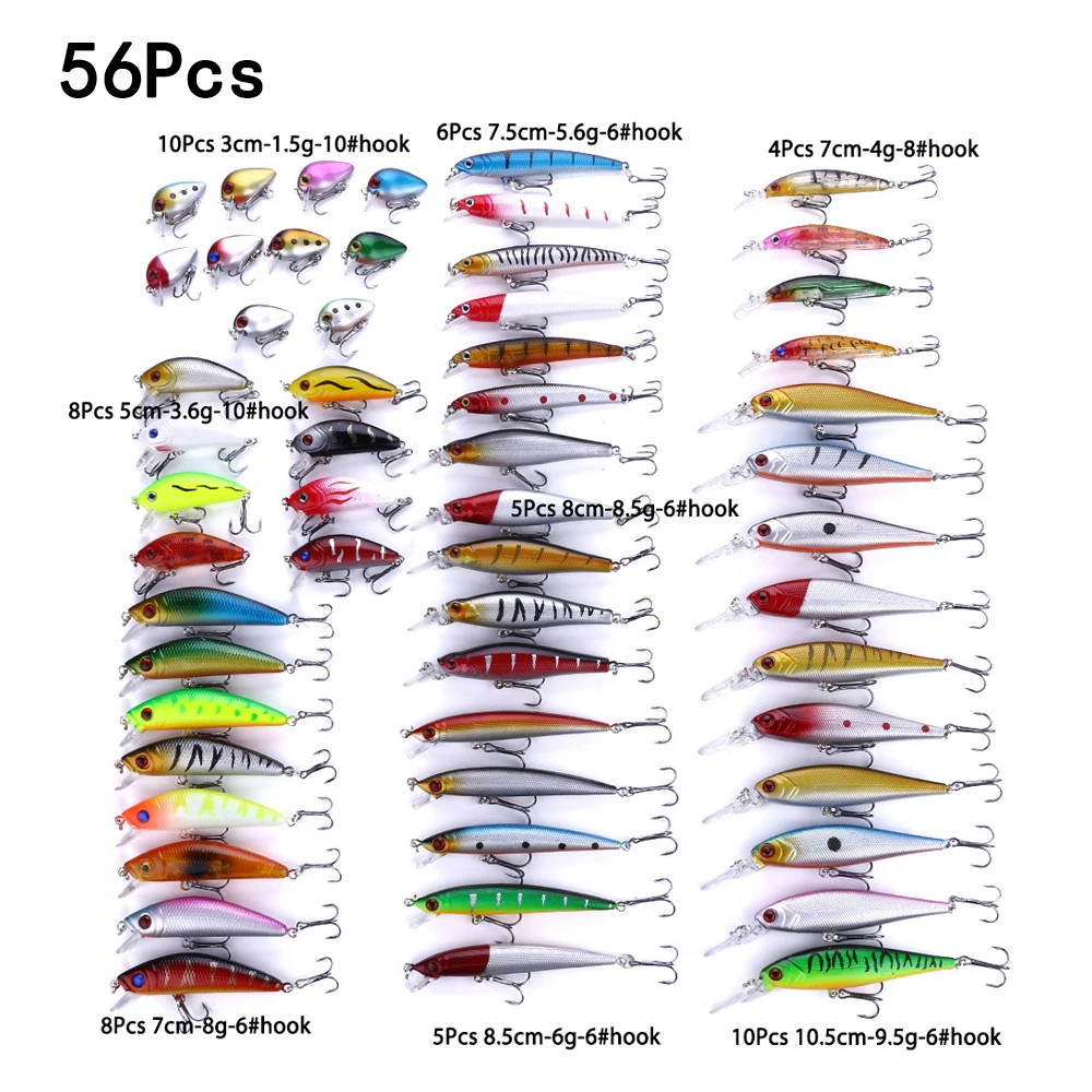 56/43/30/20/10/5Pcs Fishing Lures Kit Crankbait Tackle Minnow Popper Pencil Swimbaits Hook Freshwater Saltwater Hard Baits Set