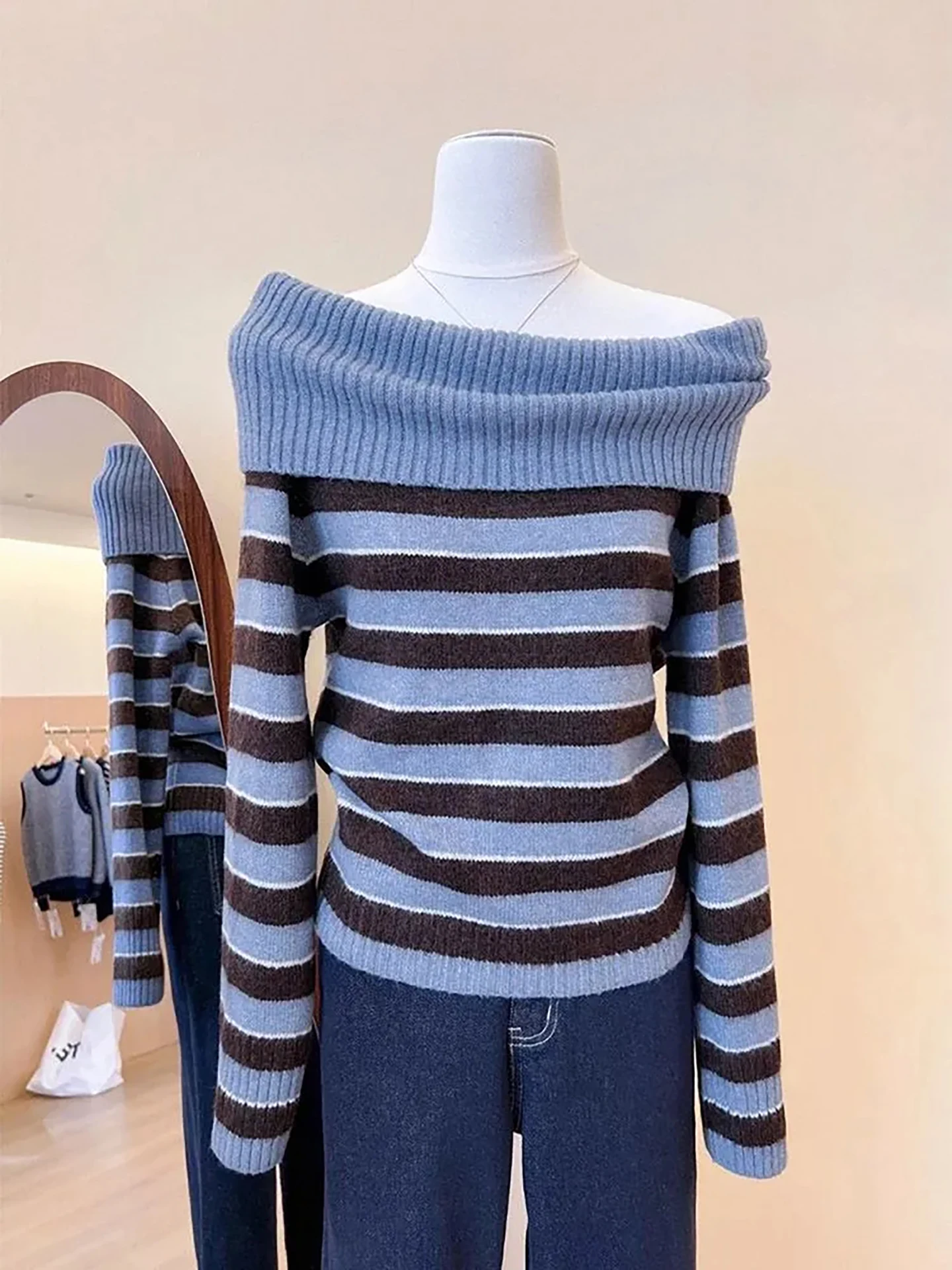 

Модный полосатый трикотаж, женский свободный мягкий цветной блузка, корейский универсальный длинный свитер свеча, весеннее новое поступление