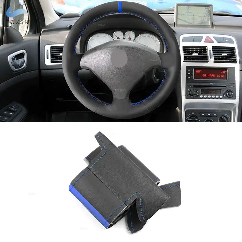 Car Interior Steering Wheel Cover Microfiber Leather Blue Line Strip For Peugeot 307 CC 407 SW 2004 2005 2006 2007 2008 2009