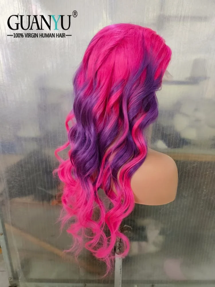 Pink Purple Pink Ombre Lace Front Wig for Women, 100% Human Hair Wig, Pre‑Plucked Natural Hairline, Fashion Cosplay Party Daily