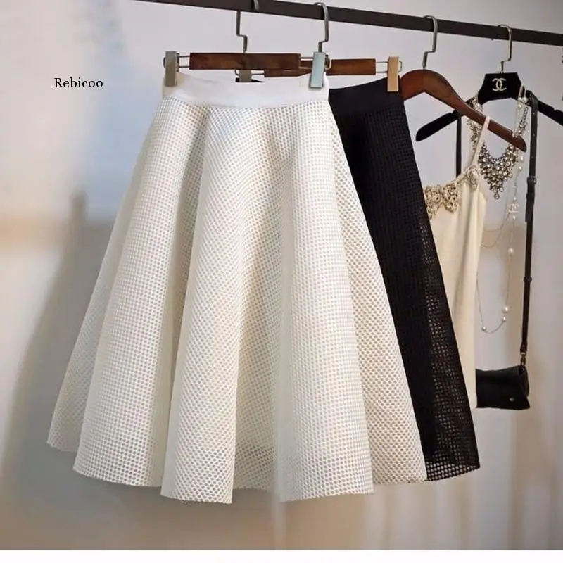 

2022 New Fashion Hollow Out High Waist Women Skirts Korean Solid A-Line Female Skirt Elegant Vintage