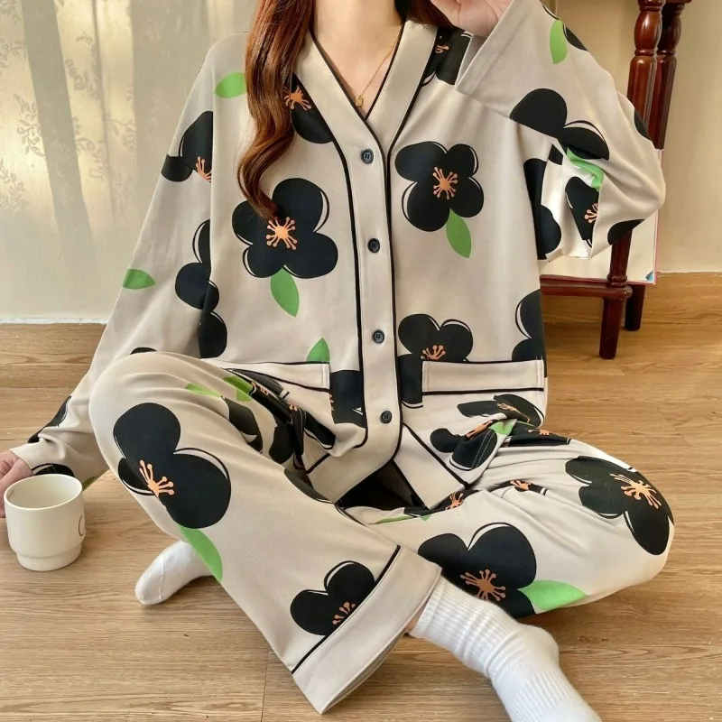 Ensemble de pyjama imprimé à manches longues pour femmes, vêtements de nuit à col en V, vêtements d'intérieur décontractés, printemps, automne, nouveau, 2024