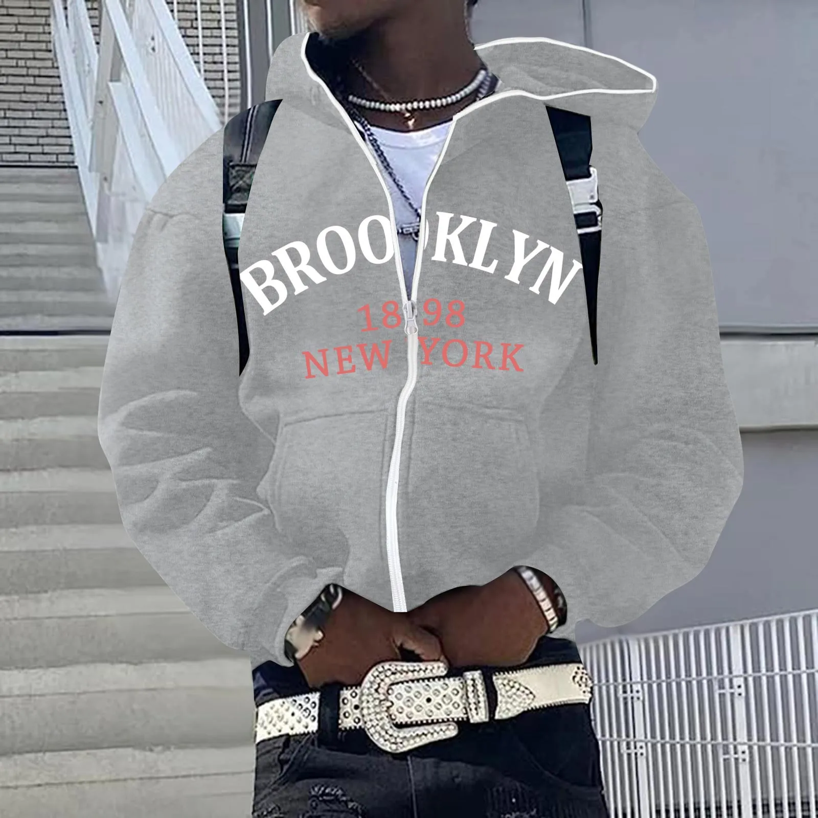 Men Hip Hop Hoodie Autumn Winter New York Printed Zipper-Up Hooded Pocket Long Sleeve Tops Sweatshirts Loose Vintage Tracksuits