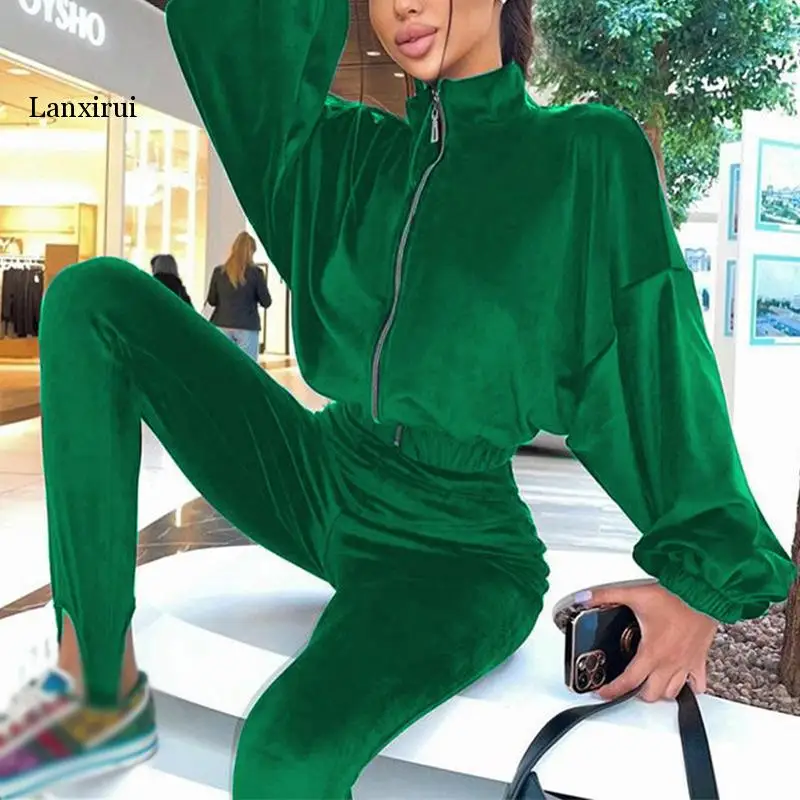 Velour Suit Long Sleeve Coat And Pants Fleece Suit Tracksuit Women Sweatsuits Sexy Solid Streetwear Outfit Three Pcs Set