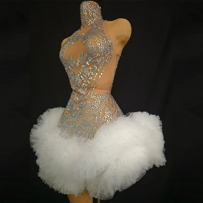 

Show girl Costume Party outfit Sexy Mesh Rhinestones Lace Dress Women Drag Queen Costumes Performance Dresses Stage Rave Outfit