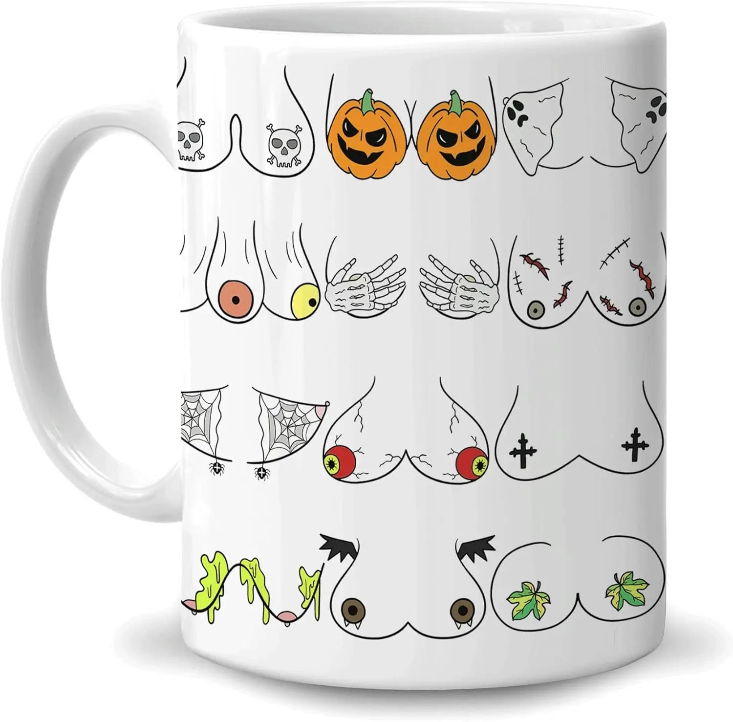 Halloween Gifts for Men Women - Spooky Ghost Boobs Boobies Tits Breasts Variety Pumpkin Ghost Halloween 11oz White Ceramic