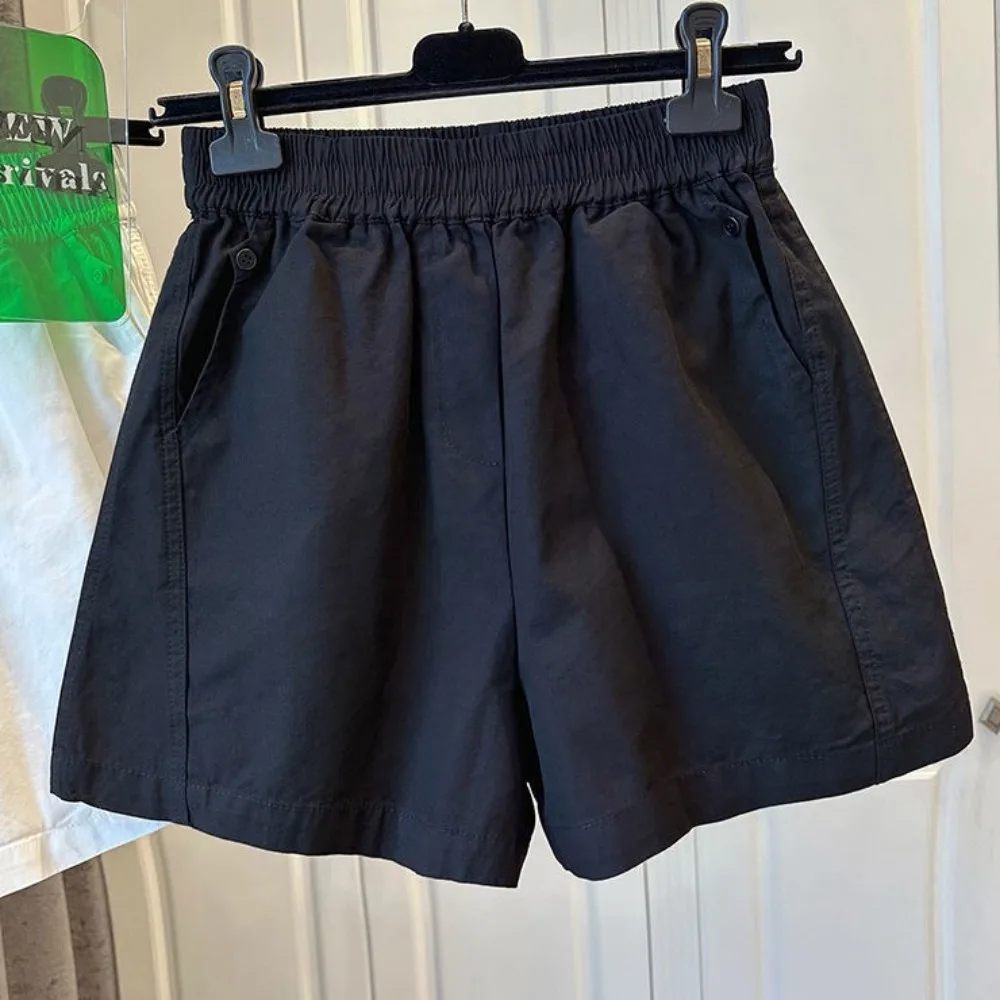 

Fashion Loose Cotton Short Pants Large Size Elastic Waist High Waist Shorts Solid Color with Pocket Wide Leg Shorts Women