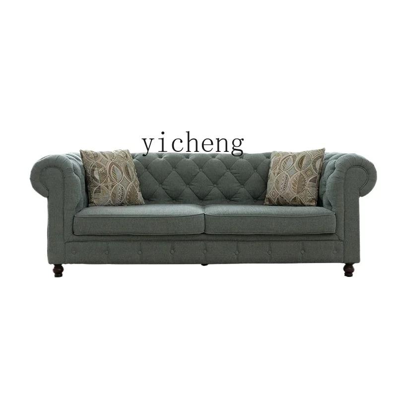 

TQH American retro sofa living room fabric small apartment sofa 4 people solid wood buckle light luxury
