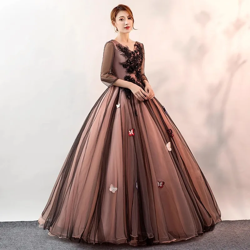 V-neck Colorful Gauze With Mid Sleeves Flower Butterfly Dance Choir Student Solo Performance Fluffy Skirt Host Dress Customized