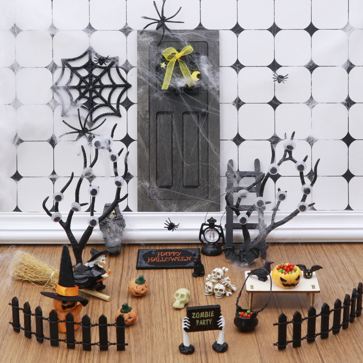 Dollhouse Mini Pumpkin Elf Door Set Miniature Halloween Courtyard Scene Magic Wands, Books & Props DIY Fairy Garden Decor