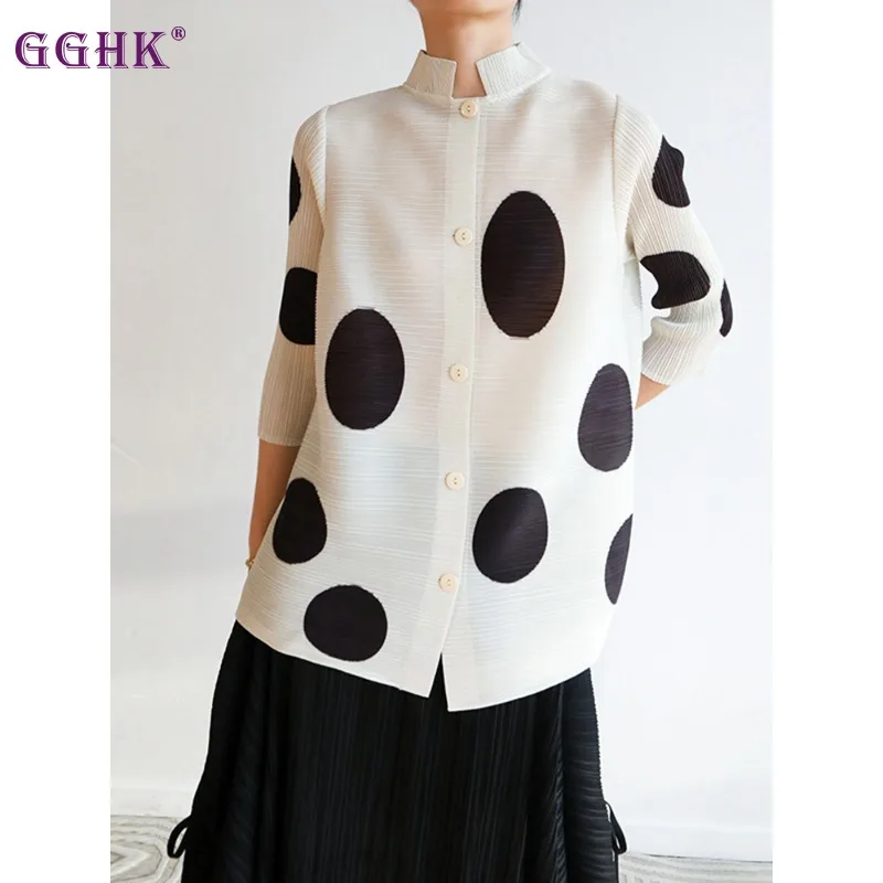 GGHK Miyake Geometric Round Pattern camicie pieghettate colletto alla coreana da donna monopetto Retro Top 2024 abbigliamento moda primavera