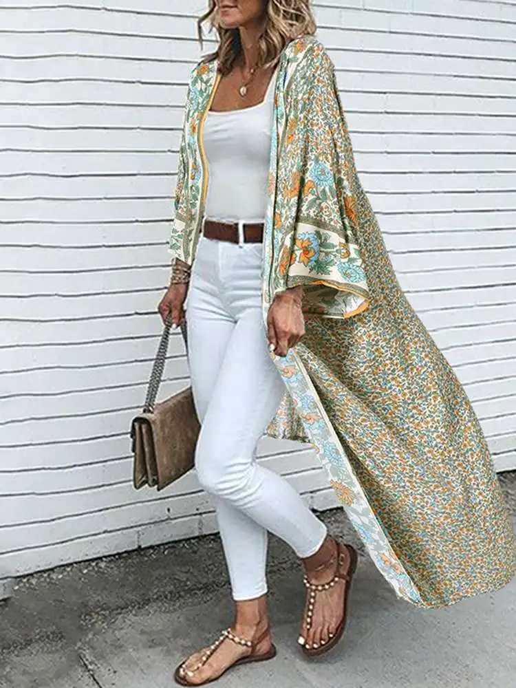 Bohemian Floral Printed Shirt Kimono ZANZEA Summer Beach Cardigan Women Open Front Long Sleeve Casual Blouse Vintage Long Tops