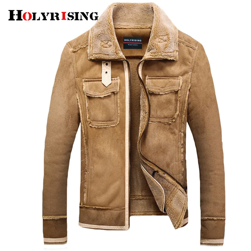 Holyrising Men Fur Lamb Jackets Vintage Pockets Coats Overcoat Zipper Male Woolen Soft Leisure Motorcycle Jacket 18948-5