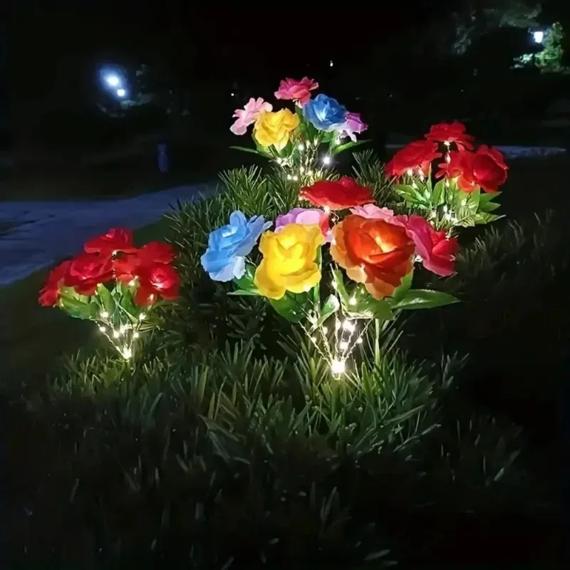 1 Bundle 7-Head Color Solar Rose Simulation Garden Light, LED Ground Inserted Atmosphere Decoration Light for Pathway Patio Gard image 4