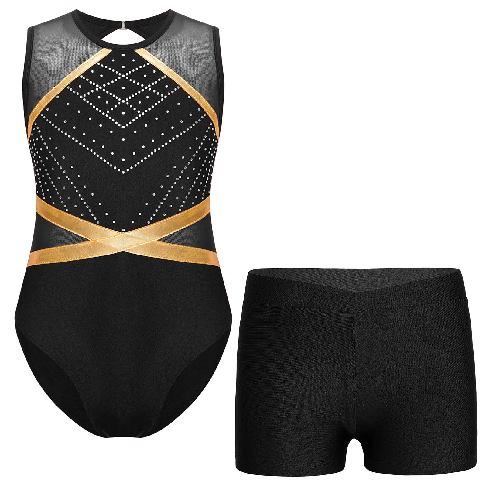 Kinder Mädchen Ballett Tanz Trikot Gymnastik Eiskunstlauf Akrobatik Yoga Sport Set Ärmelloser Strass Body mit Shorts