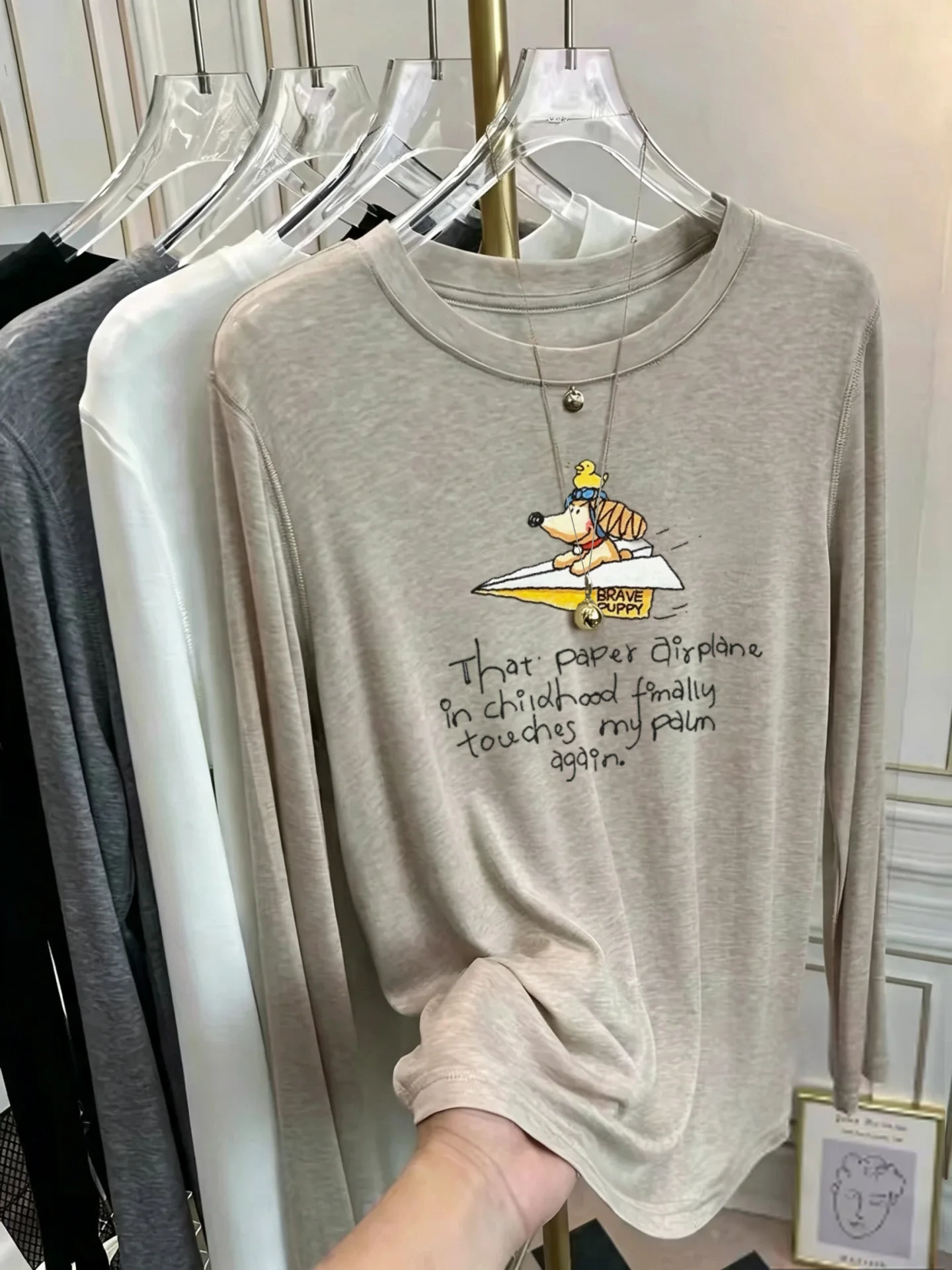 Korean Style Women's Long Sleeve T-Shirt Soft Sunscreen Print Thin Mask Base Shirt Early Autumn Fashionable Cotton Tee