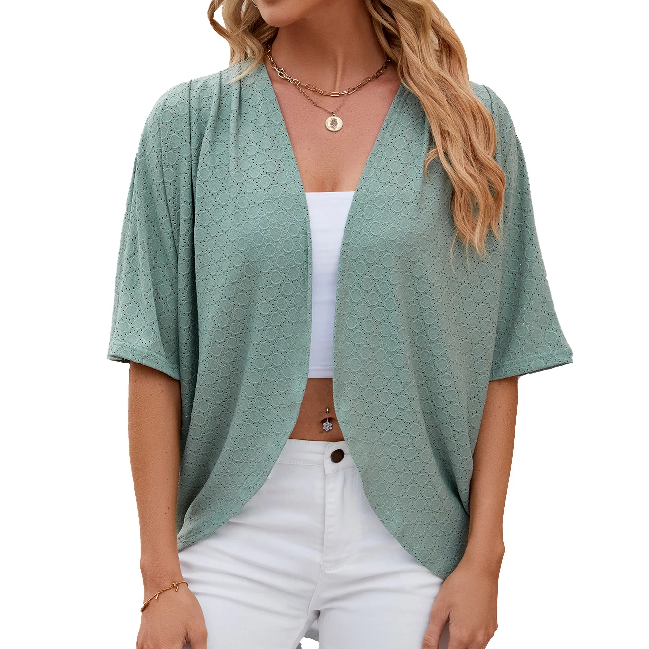 2024 New spring Summer Fashion Ladies Hollow Out Cardigan solid color circle short-sleeved casual loose top Women Outwear