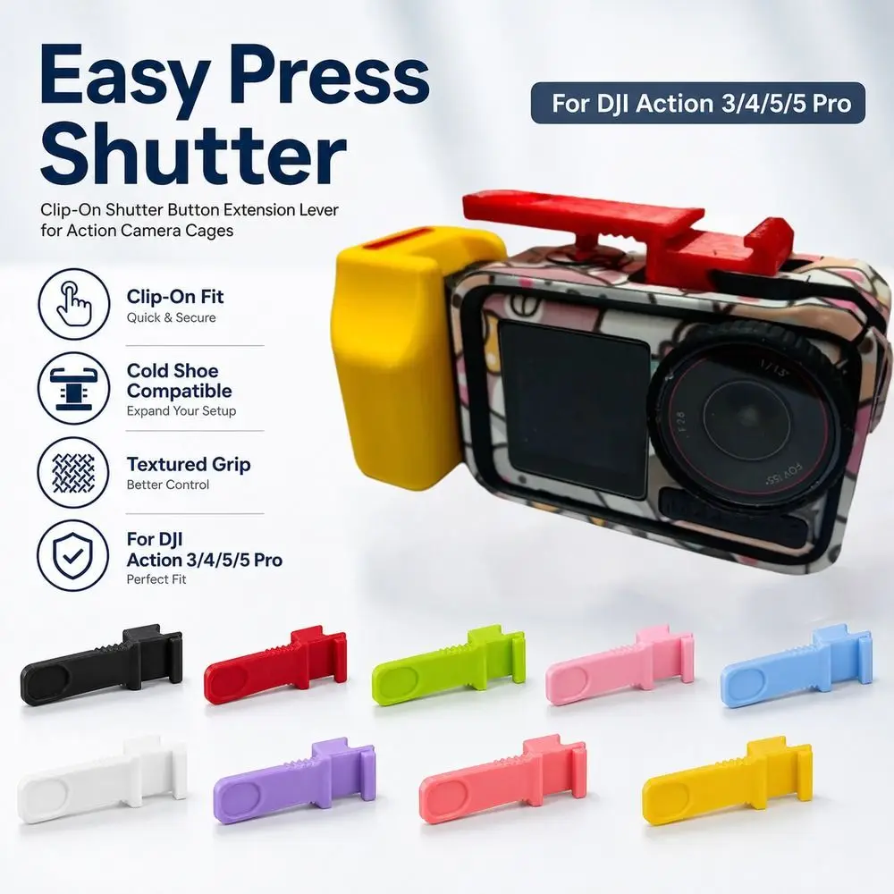 3D Printed Shutter Button Extension Cold Shoe Mount Clip-On Shutter Release Lever Multicolor Easy Press for DJI action3/4/5/5pro