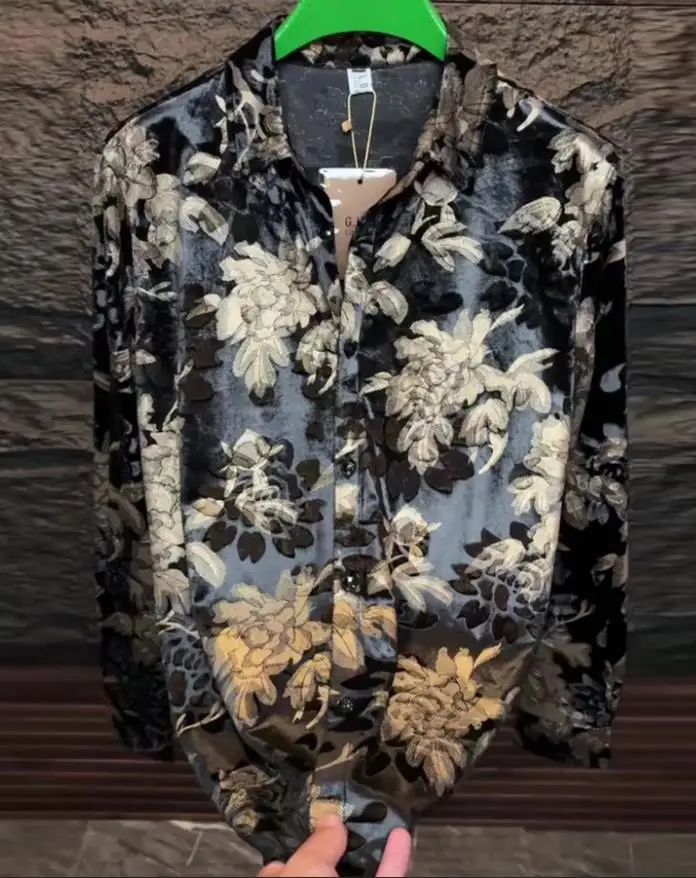 

New Winter 2025 European and American men's wear collection Long-sleeved lapel Printed shirt 6XL