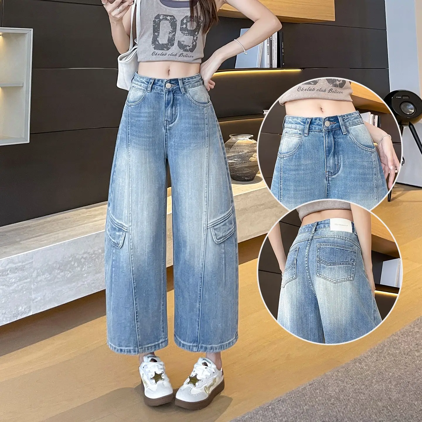 Women's Light Wash Cropped Wide Leg Jeans, Summer New High Waist Slimming Multi-Pocket American Cargo Curved Pants