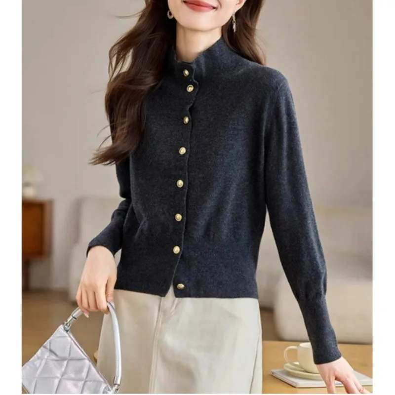 

Женский вязаный кардиган с воротником-стойкой, весна-осень-зима, новый однотонный минималистичный повседневный универсальный короткий свитер, куртка