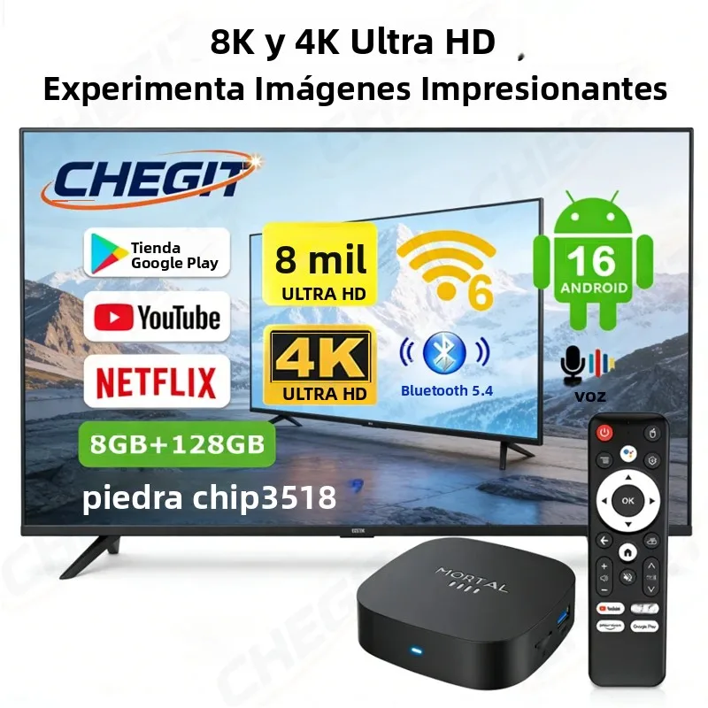 Nuevo TV Box Inteligente Android 16 2026 con Wifi 6, 4 Núcleos, Compatible con Video 8K, Asistente de Voz de Google, 8GB+128GB para Reproductor Multimedia Netflix YouTube