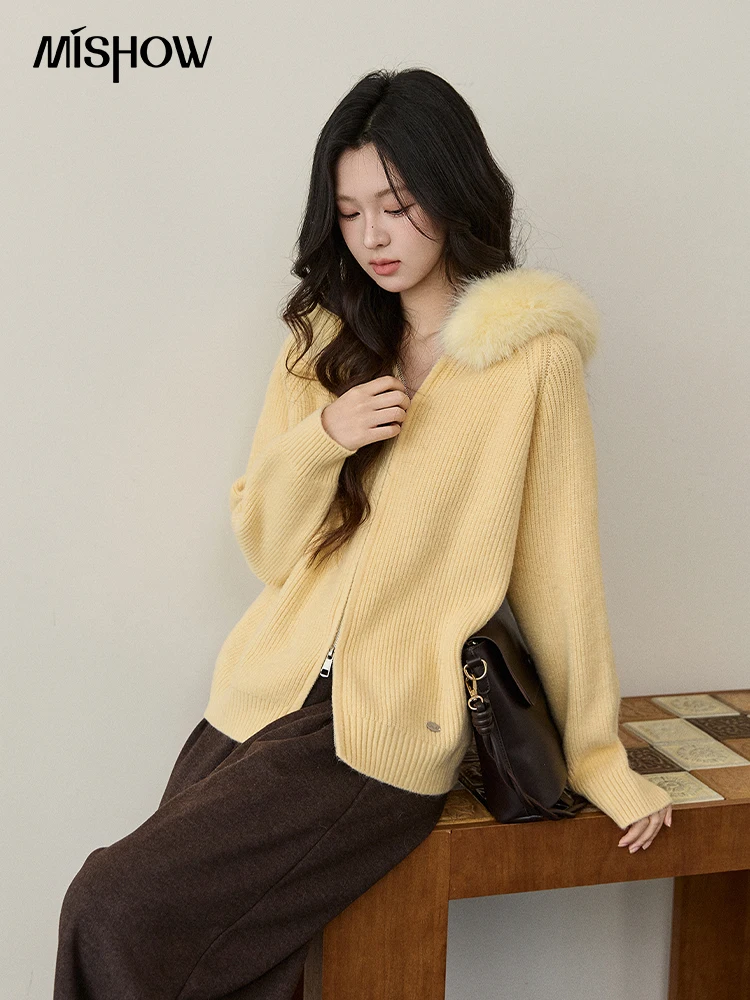 MISHOW Women's Yellow Knitted Cardigan 2025 Winter Faux Fox Fur Hooded Collar Tops Double Zipper Warm Loose Outerwear MXE93Z2952 view 4