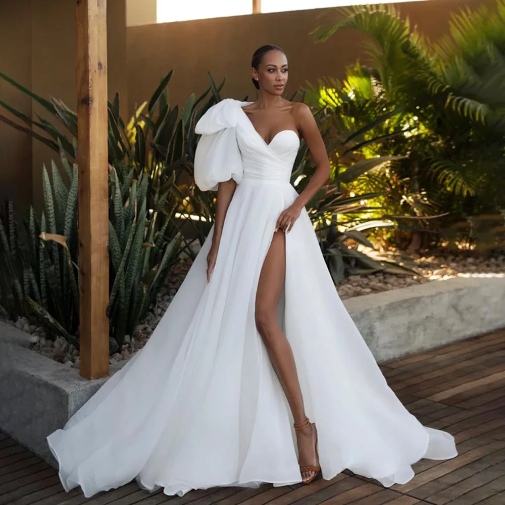 MANRAY One Shoulder Single Puff Sleeve Wedding Dresses 2024 Big Bow Organza Beach Bride Dress Side Split Wedding Gowns for Women