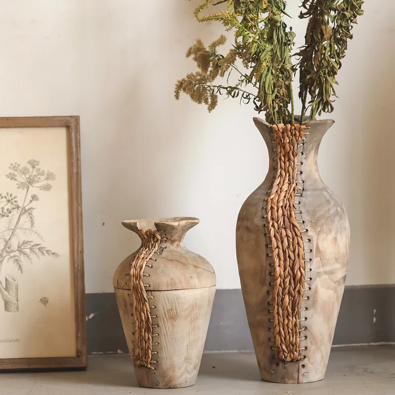 

The Beauty of Wood - Wabi-Sabi Vintage Wood Mixed Flower Ware Vintage Living Room Solid Wood Vase Decoration