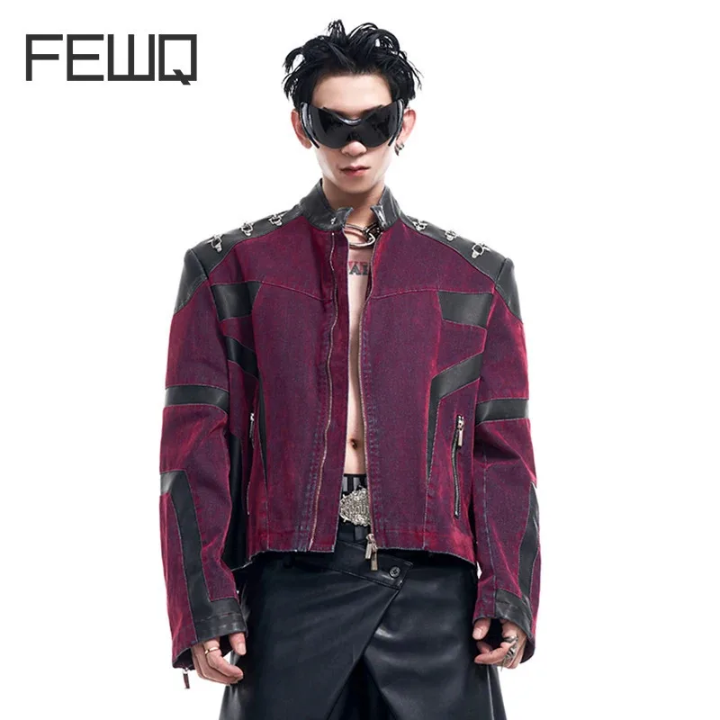 

FEWQ Metal Airplane Buckle Denim Men Jacket Autumn Winter Splicing Design Short PU Leather Jacket 2024 Contrast Color Tops