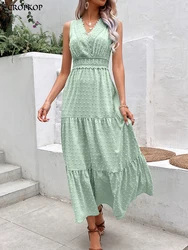 Elegant Lace Stitching Long Dress Women Summer Sexy Backless Sleeveless Ruffle Beach Dress Fashion V Neck New In Dresses 223