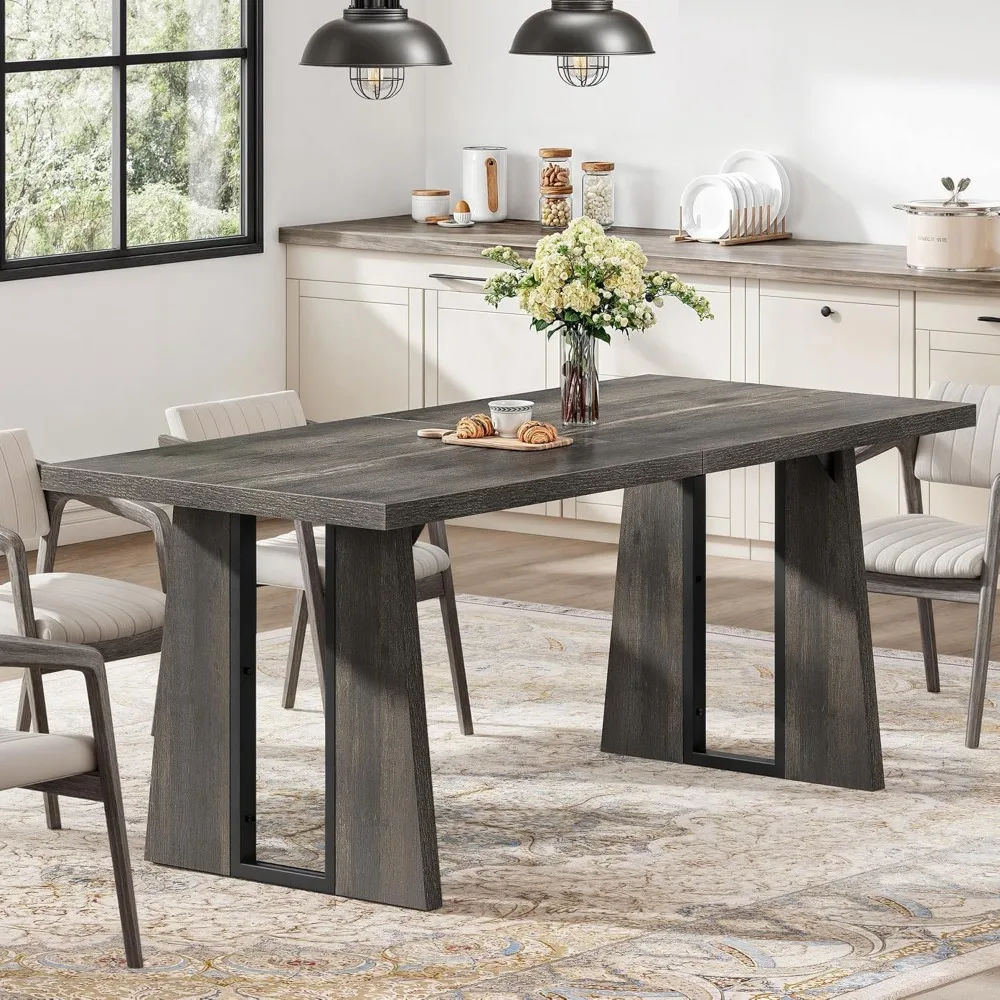 Rectangle Dining Table for 4-6 People 63 Inch Large Dining Room Table Wooden Dinner Table with Heavy Duty Legs for Kitchen Apar