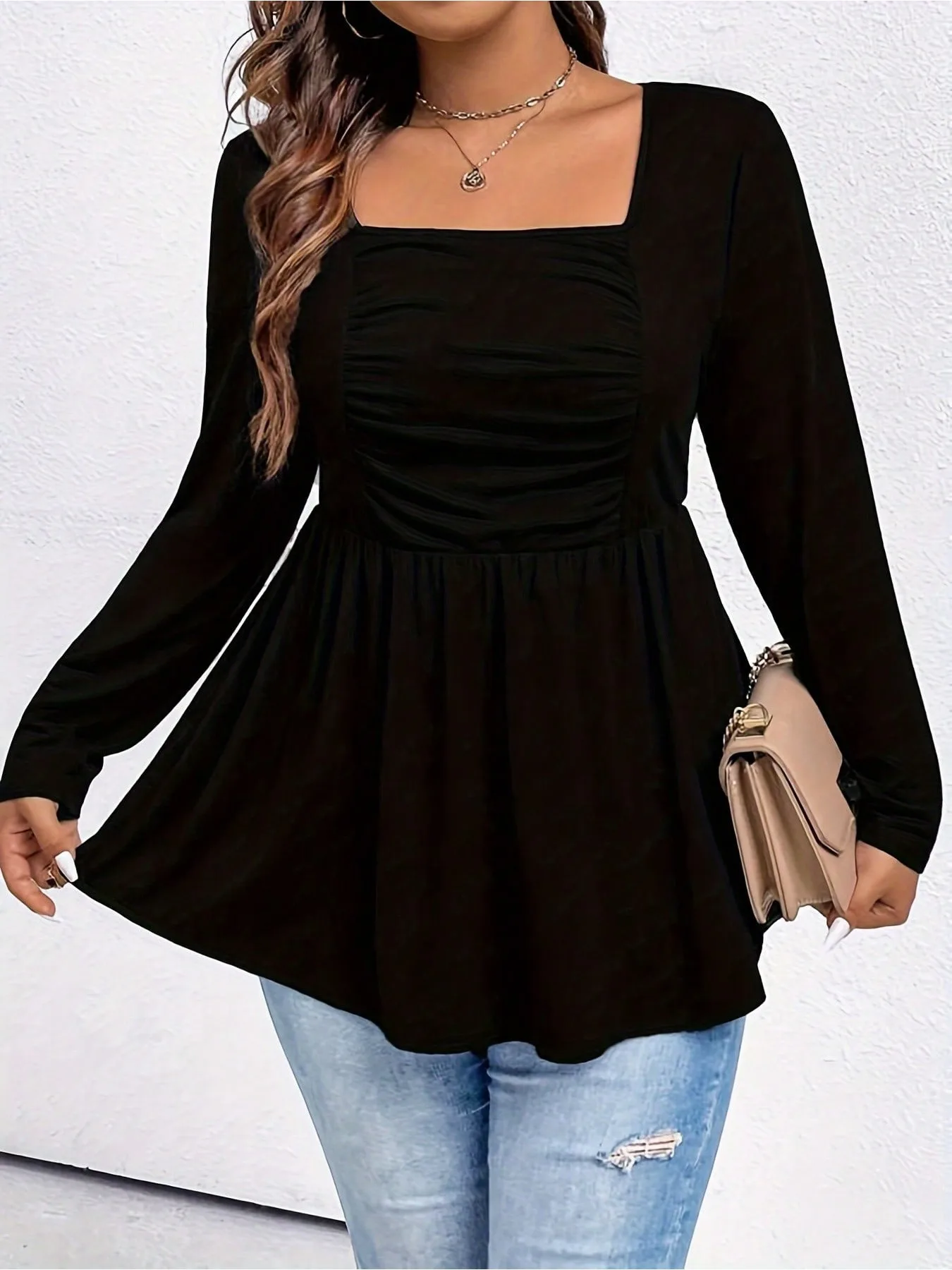 Women's Plus Size Square Neck Tee Waisted Lace Hem Simple Temperament Commuter T-Shirt