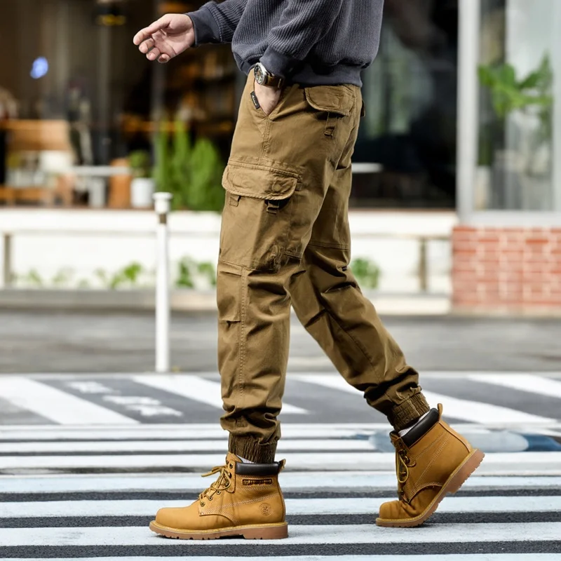 

Spring Autumn Men's Loose Casual Cargo Pants Outdoor Tactical Multi-ket Cuffed Long Pants Bla Cotton Work Trousers