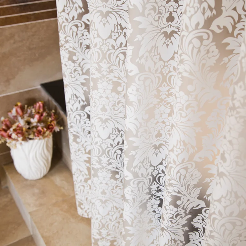 

Shower Curtain White Floral Print Peva Fabric Bathroom Curtains Waterproof Mildew Proof Transparent for Toilet with Hooks 200cm