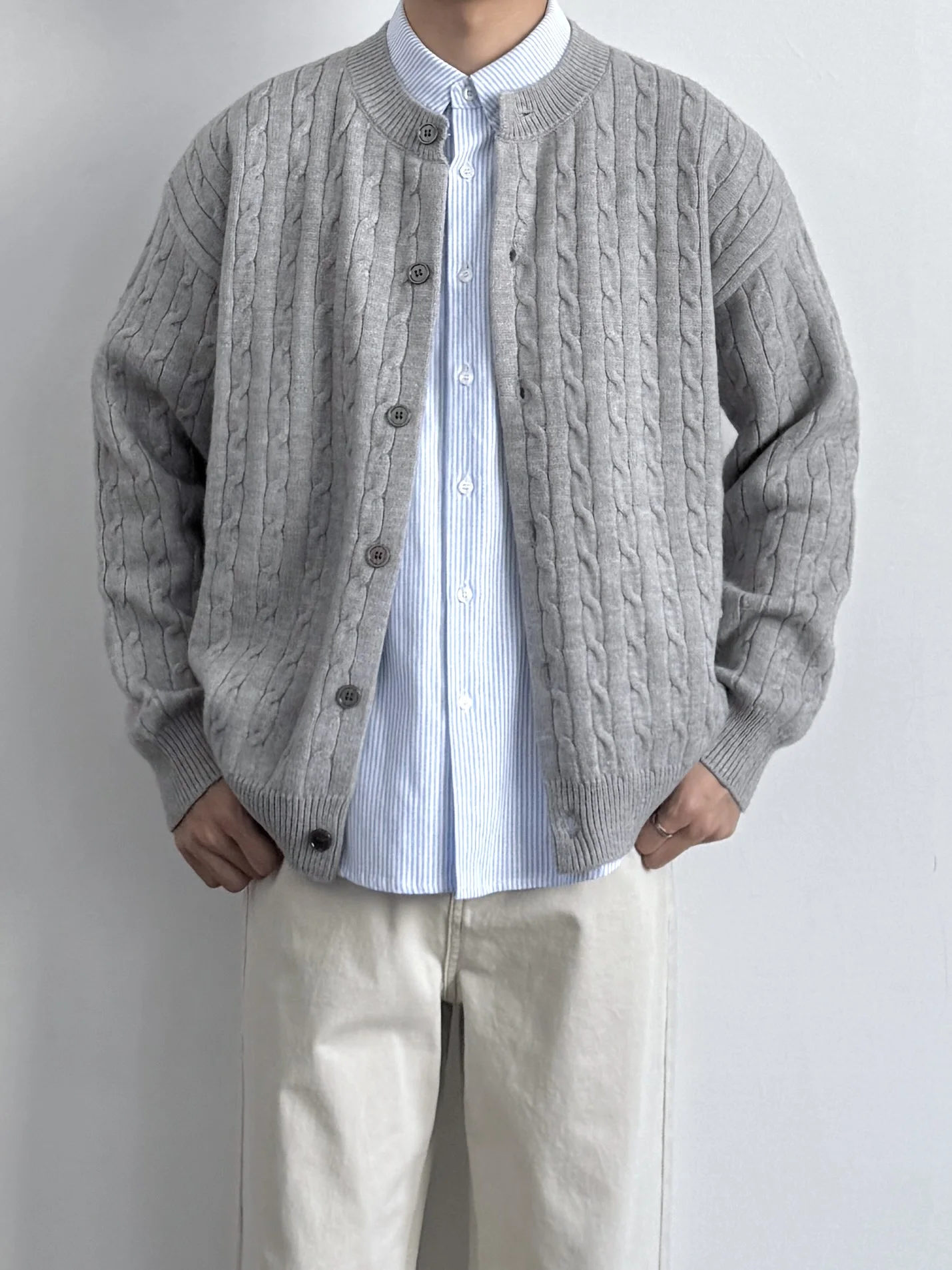 

Retro Japanese Knitted Open Cardigan for Men Casual Loose Fit round Ne Button up Long Sve Pure Color Sweatirt Jaet