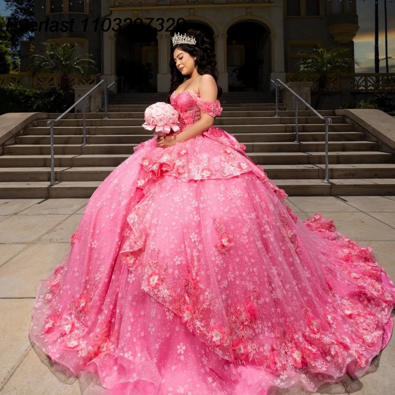 EVLAST Rose Pink Quinceanera Dress Ball Gown 3D Floral Applique Beaded Bow Corset Tiered Sweet 16 Vestidos De 15 Años TQD858