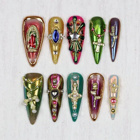 10 st lyxiga långa stiletto press-on naglar, anpassade design krom guld kors jungfru Maria nagelkonst katolska handmålade naglar 10 best sales designer press-on naglar - №4
