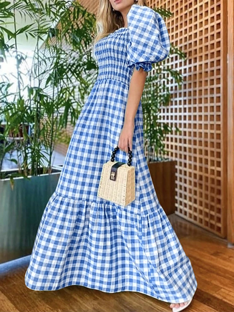 VONDA 2024 Summer Women Maxi Dress Casual Short Sleeve Square Collar Vintage Plaid Party Bohemian Vestidos Loose Long Sundress