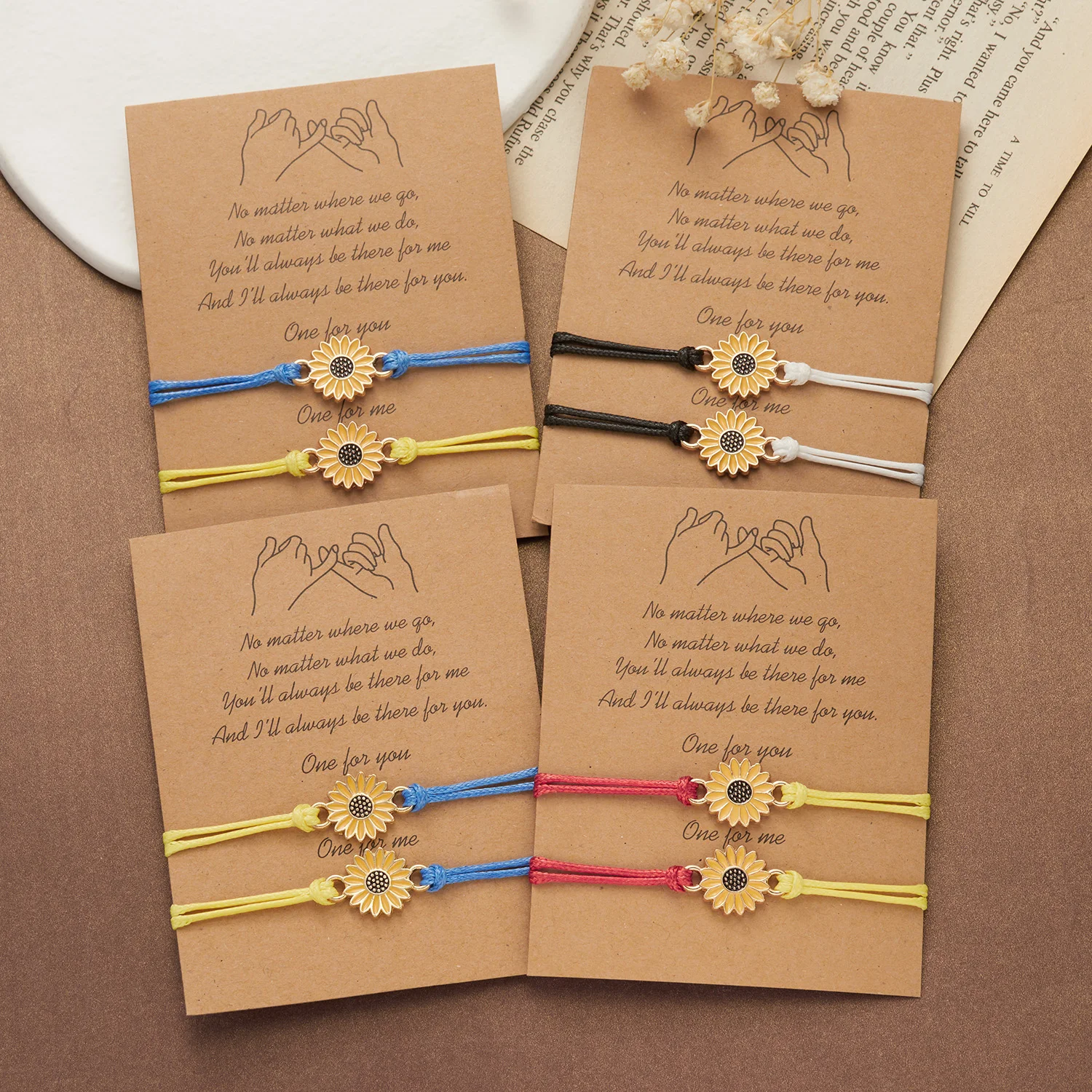 2pcs/set Sunflower Bracelet Daisy Flower Handmade Braided Rope Adjustable Charm Bracelets Couple Lover Promise Wish Card Jewelry