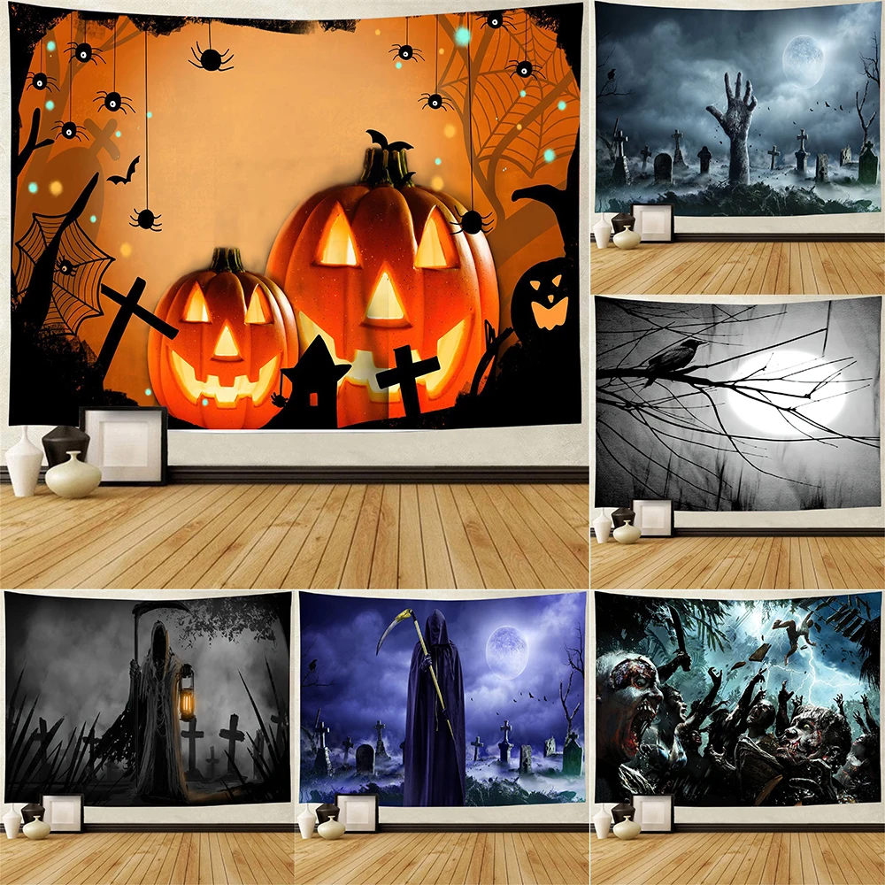 Home Decor Halloween Pumpkin Lantern Wall Hanging Boho Wicked Magic Castle Spooky Horror Demon Print Tapestry