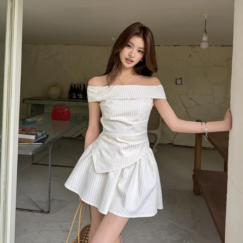 Summer 2026 Women's Stripe Slimming Waist Halter Top And Puffy Skirt Two-Piece Set Elegant Commute Style Cotton Blend Casual ...