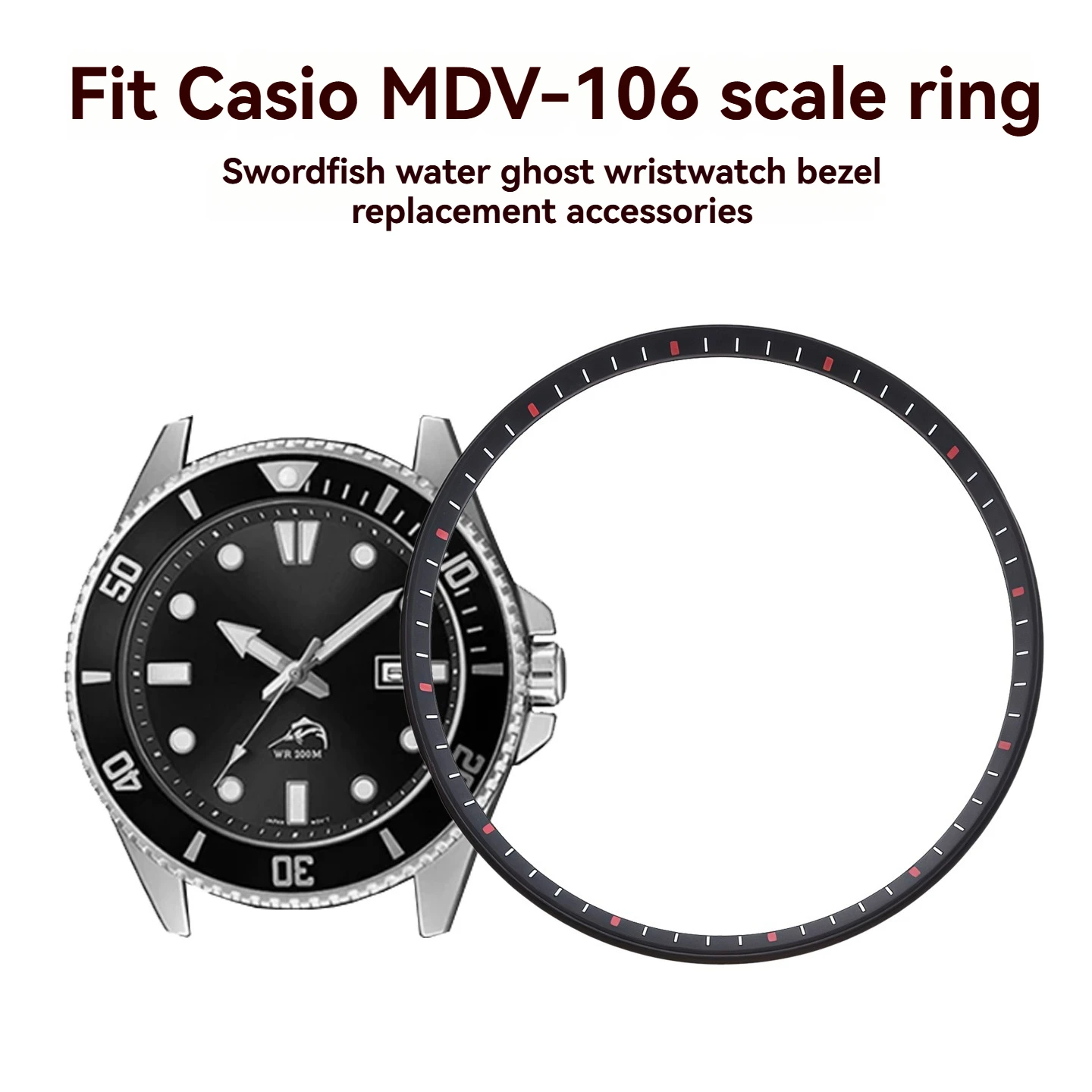 For Casio Swordfish MDV-106 “Submariner” Watch: Rubber Bezel with Index Markers, Modified Bezel Edge—Watch Accessories