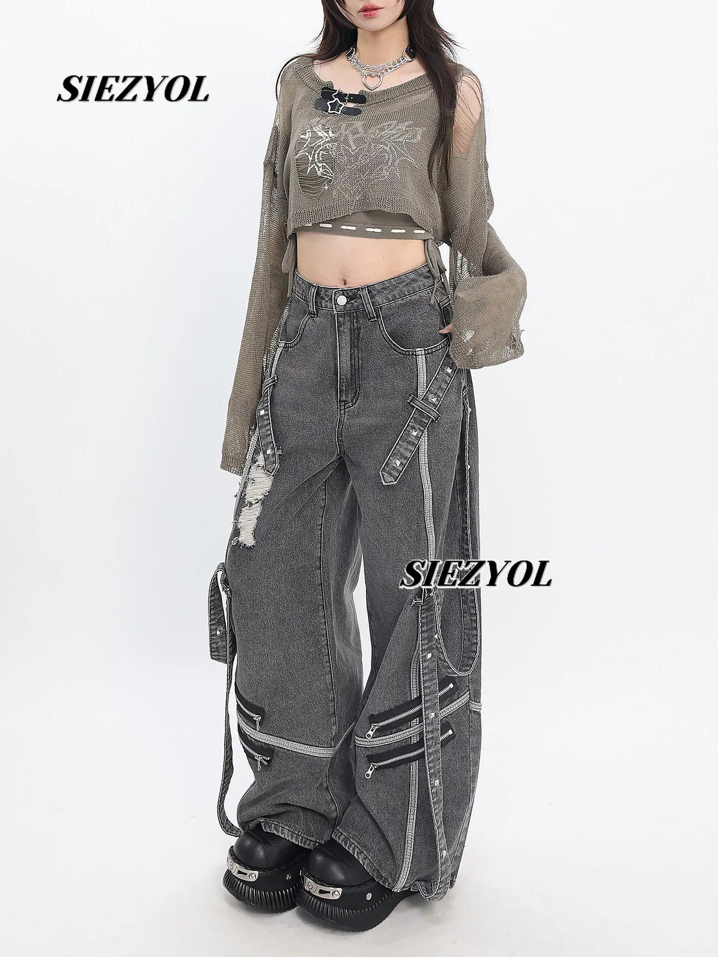 Spring & Fall New Arrival Original Punk Retro Streamer Denim Pants Distressed Straps Heavy Industry Loose Jeans for Women