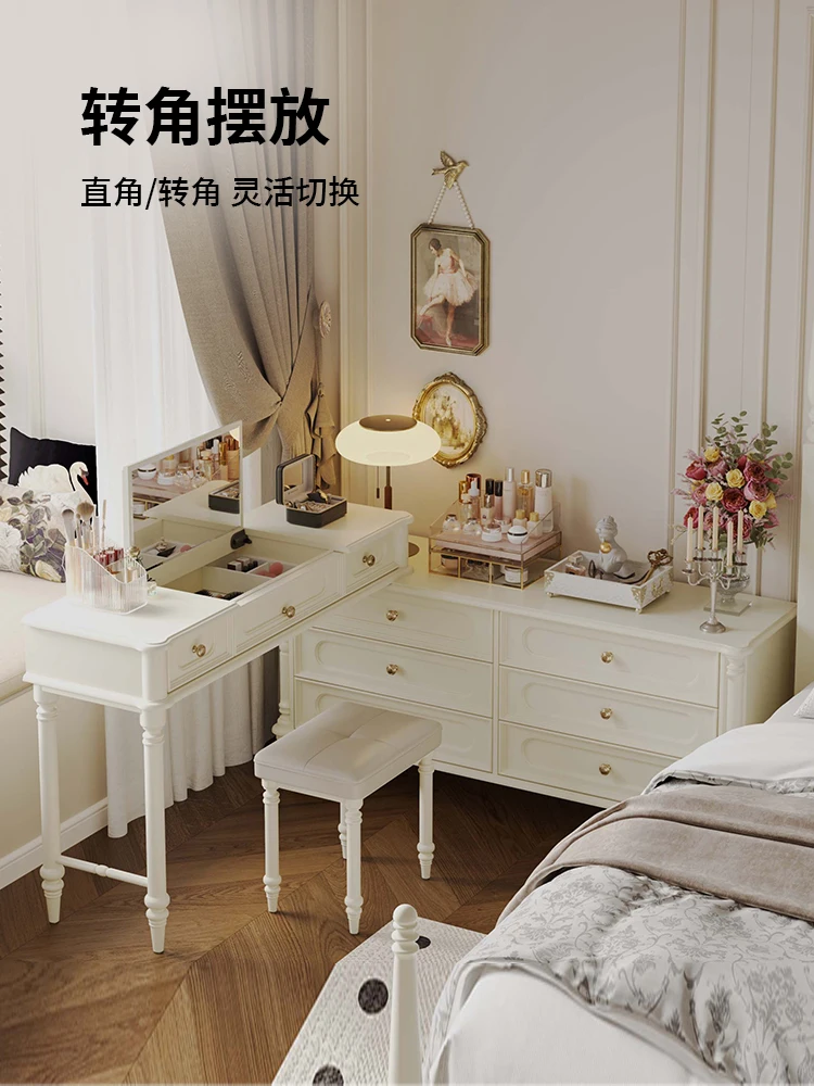 

French Cream Style Solid Wood Dresser Chest Cabinet Integrated Retractable Cosmetic Table Bedroom Corner Storage Cabinet