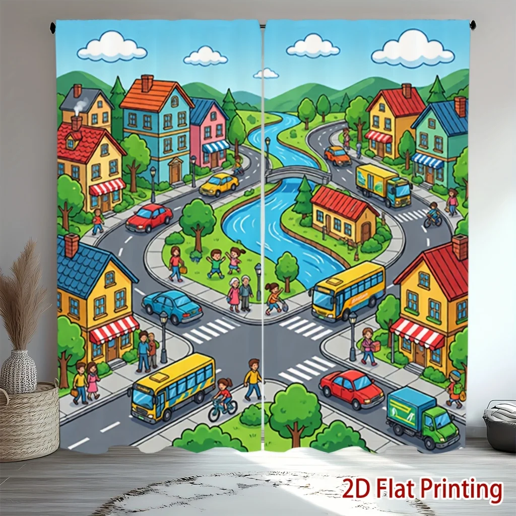 Cartoon Colorful Town Street Curtains 2 Panels,River Bridge Bus Car Walking People Green Hill Cute Kids Playroom Bedroom Curtain