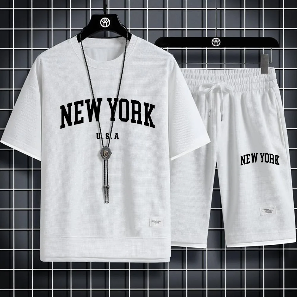 NEW YORK Letter U.S.A Shorts Set Gym Outfit Student Short Sleeve T-shirt 2 Piece Tracksuits Men Casual Clothing Joggers